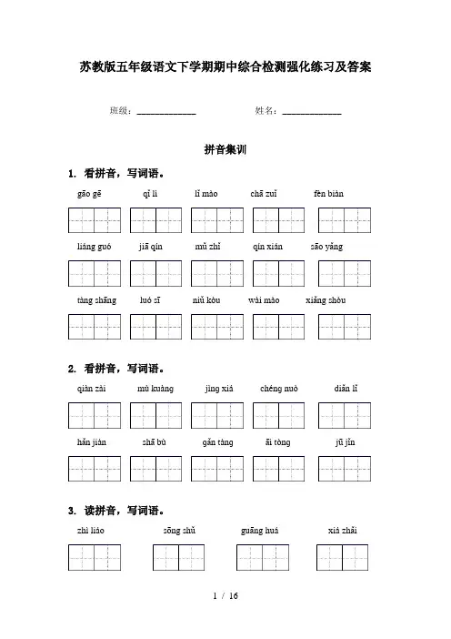 苏教版五年级语文下学期期中综合检测强化练习及答案