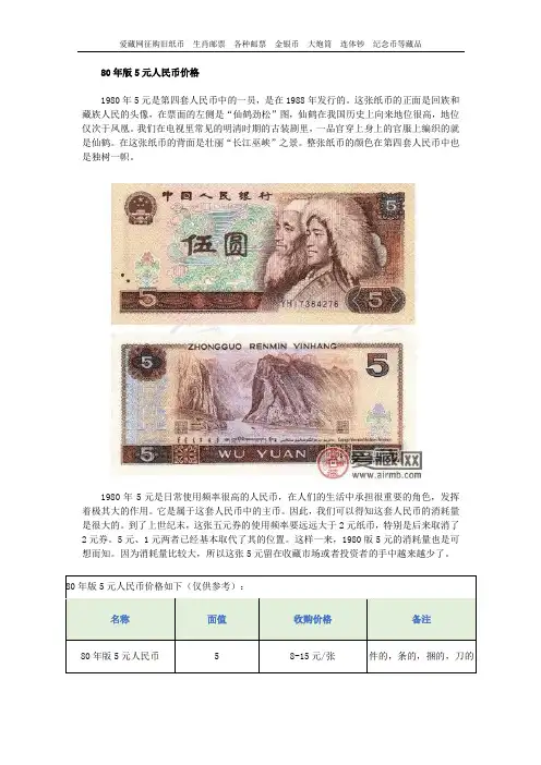 80年版5元人民币价格