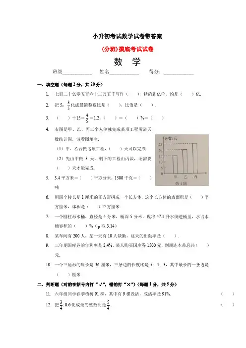 2020青岛10六年级小升初数学综合模拟测试试卷