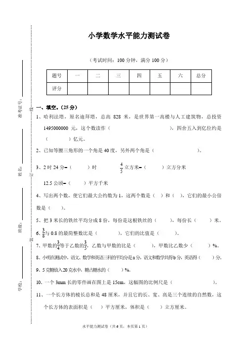 小学水平能力测试卷及答案