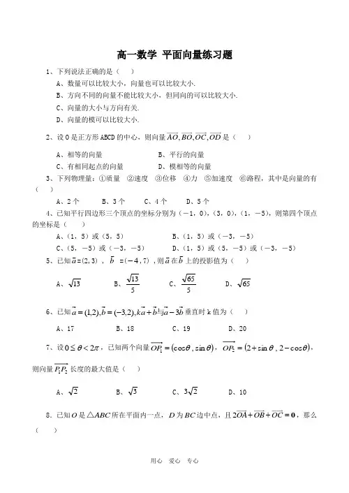 高一数学 平面向量练习题.doc