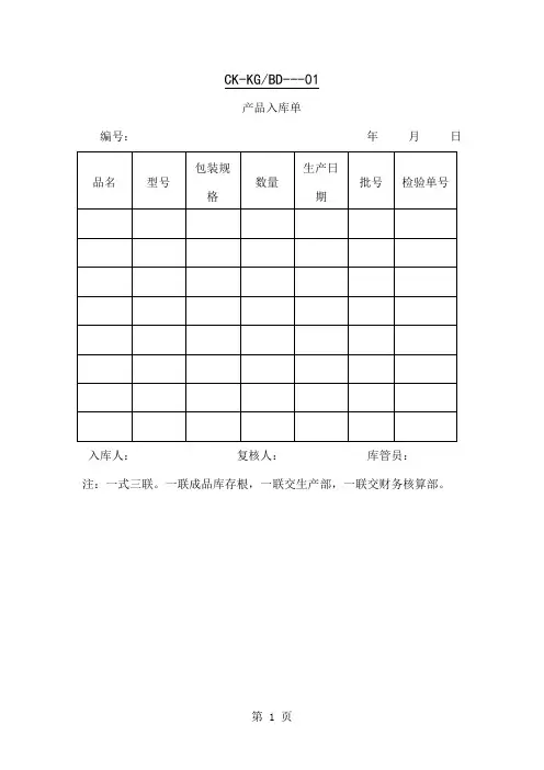 产品入库单(表格模板、doc格式)12页word文档