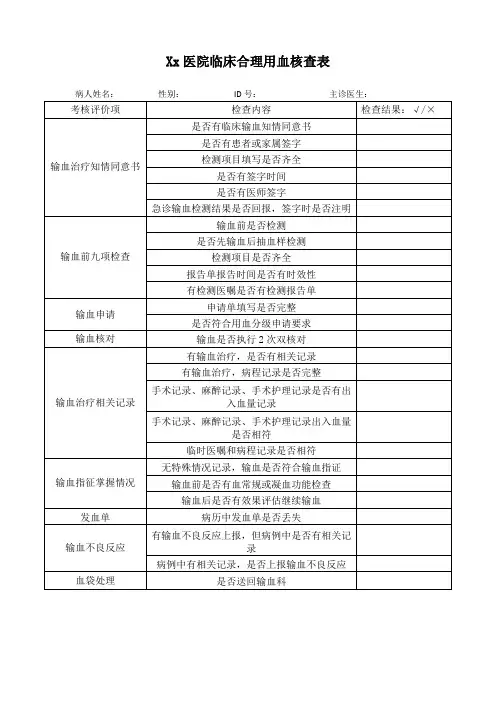 xx医院临床合理用血核查表