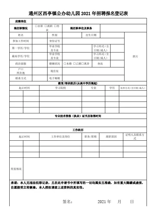 公办幼儿园2021年招聘报名登记表最新
