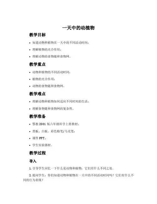 一天中的动植物-鄂教2001版六年级科学上册教案