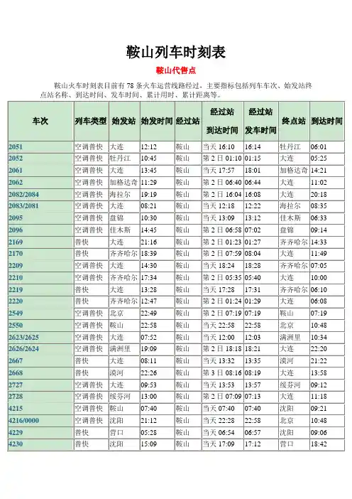 鞍山列车时刻表