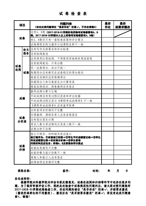 试卷检查表-本科教学工作审核
