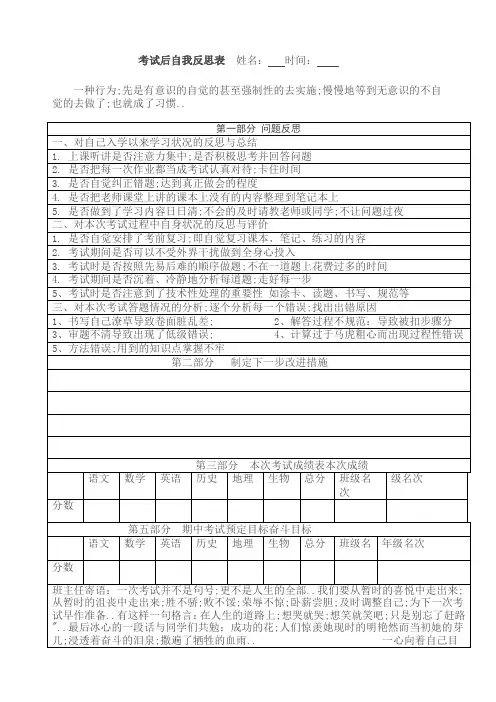 考试后学生反思表