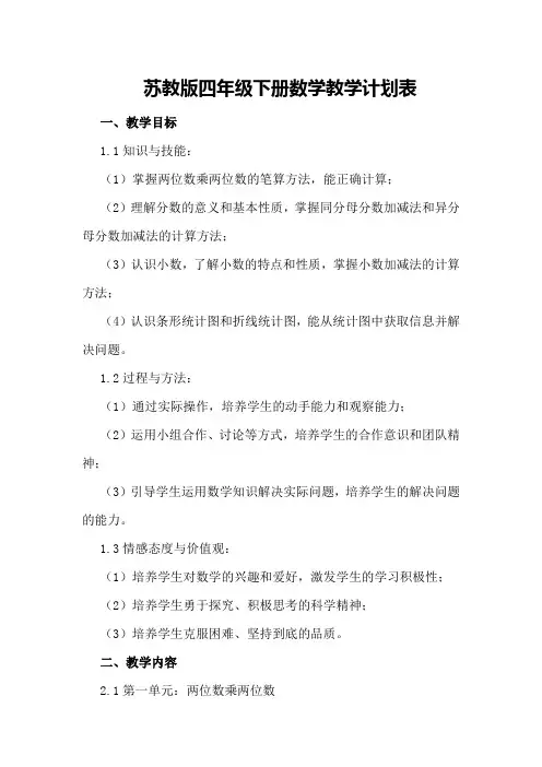 苏教版四年级下册数学教学计划表