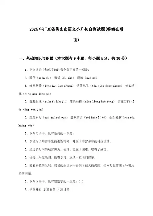 广东省佛山市语文小升初试题及答案指导(2024年)