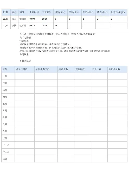 考勤表表格大全