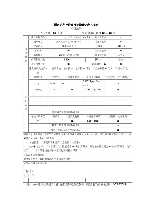 固定资产投资项目节能登记表(标准版)