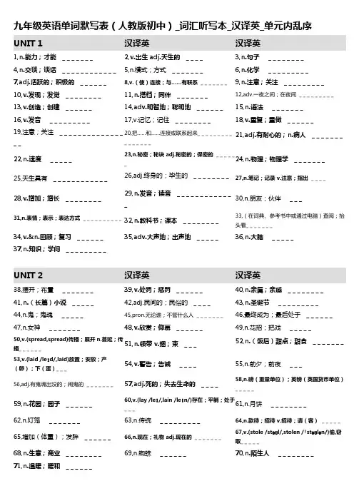 13,九年级英语单词默写表(人教版初中)_词汇听写本_汉译英_单元内乱序