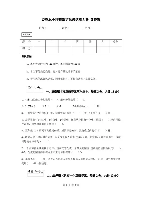 苏教版小升初数学检测试卷A卷 含答案