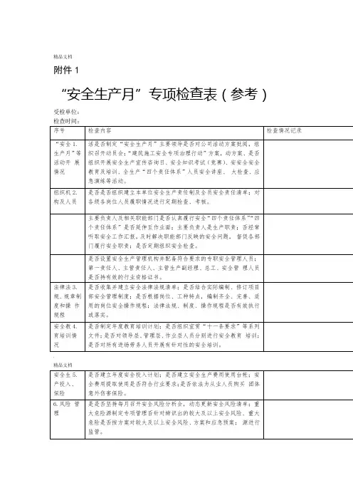 安全生产月专项检查表参考