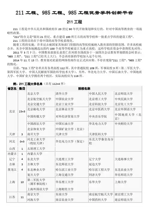 211工程、985工程、985工程优势学科创新平台大学名单