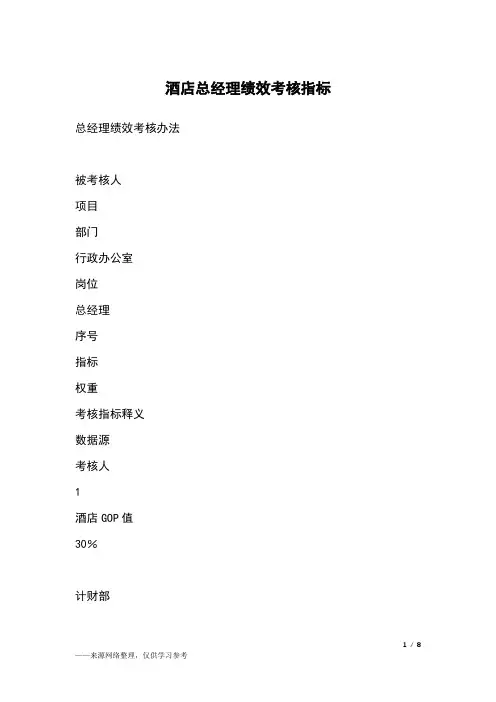 酒店总经理绩效考核指标