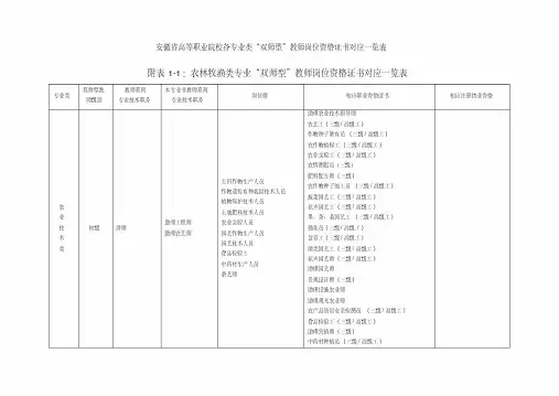 安徽省高等职业院校各专业类“双师型”教师岗位资格证书对应一览表汇编
