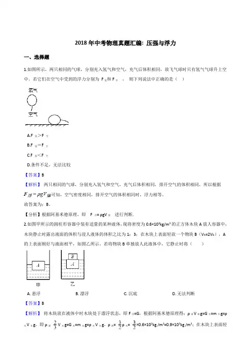 2018年中考物理真题汇编压强和浮力(解析版)
