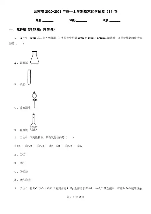 云南省2020-2021年高一上学期期末化学试卷(I)卷