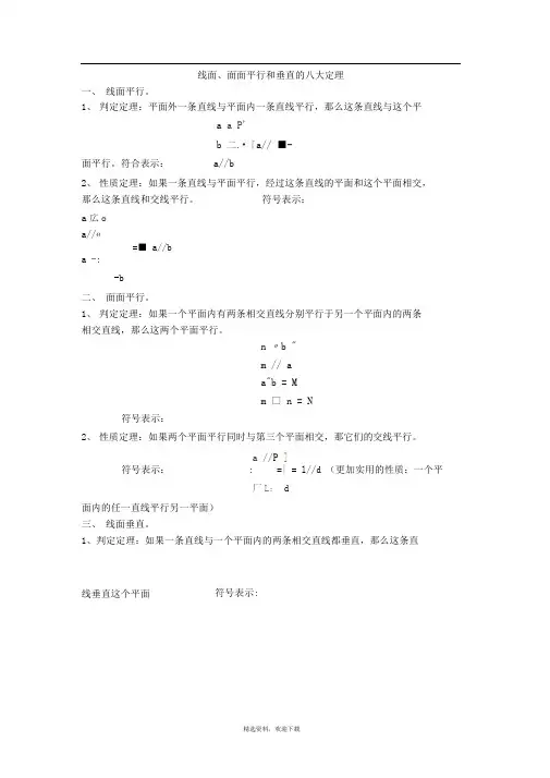 线面、面面平行和垂直的八大定理