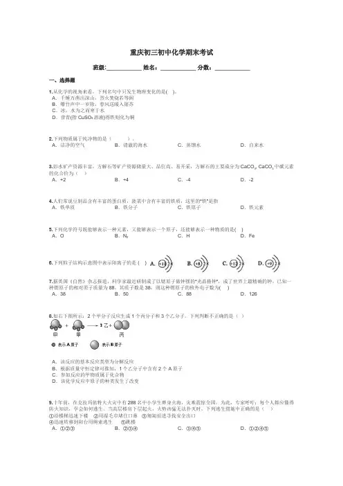 重庆初三初中化学期末考试带答案解析
