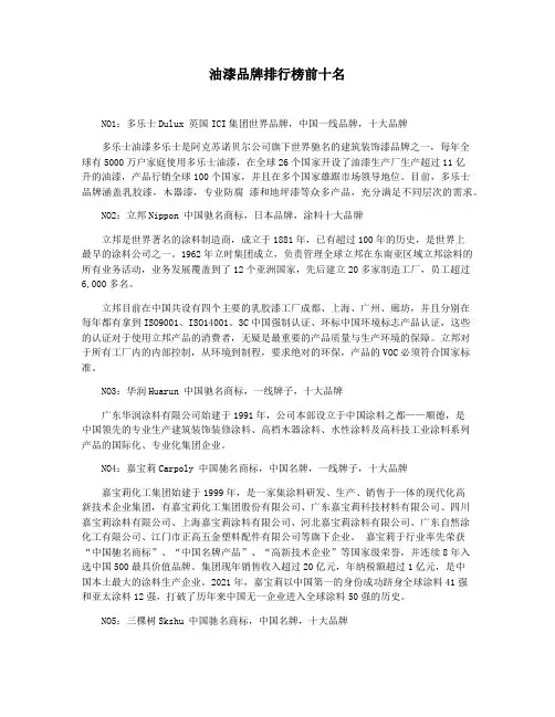 油漆品牌排行榜前十名