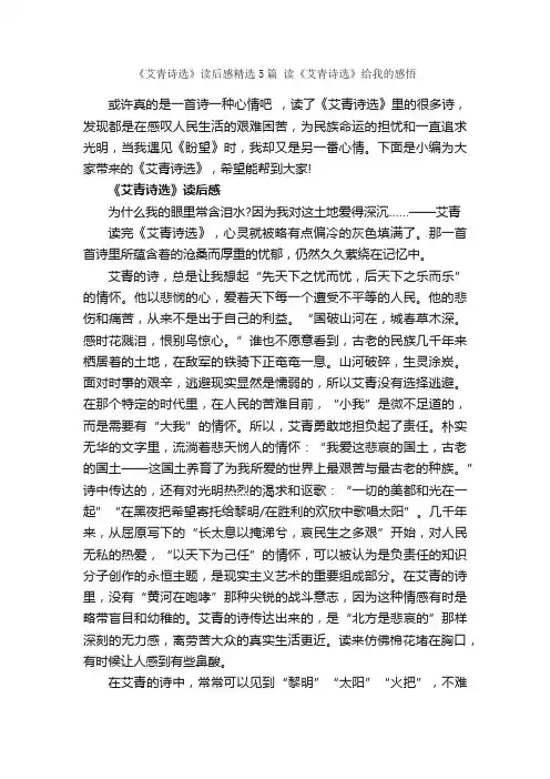 《艾青诗选》读后感精选5篇读《艾青诗选》给我的感悟_读后感_