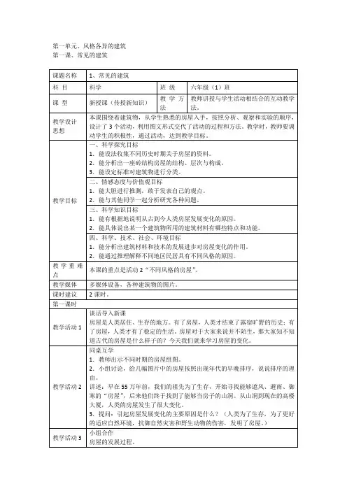 冀教版科学六年级下册第二学期学案【1、常见的建筑】