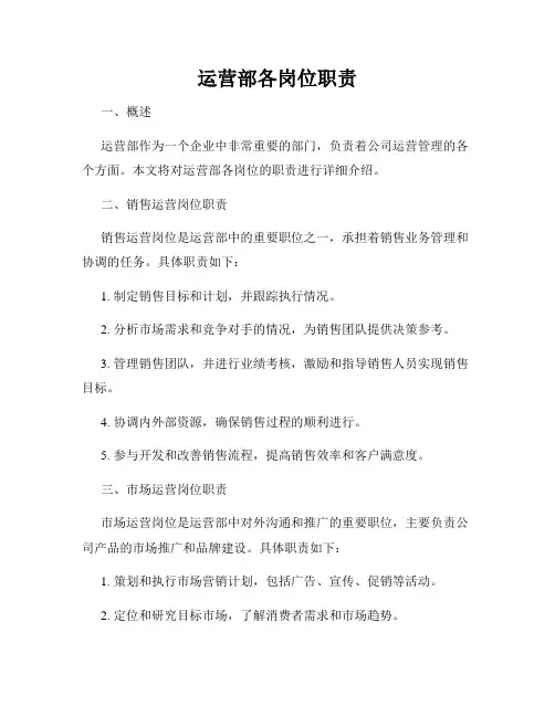 运营部各岗位职责