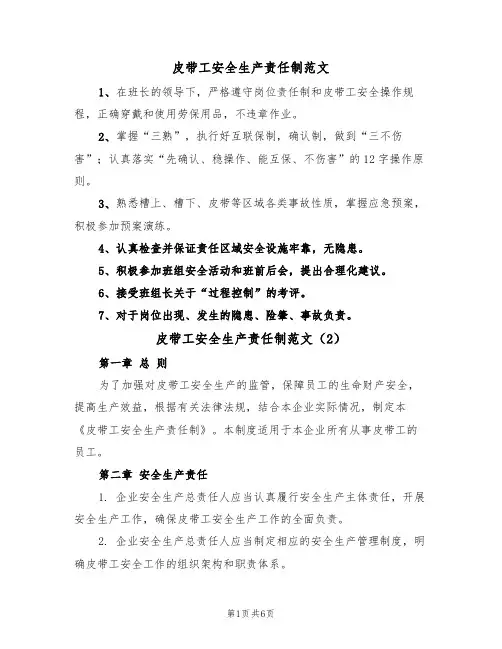 皮带工安全生产责任制范文（3篇）