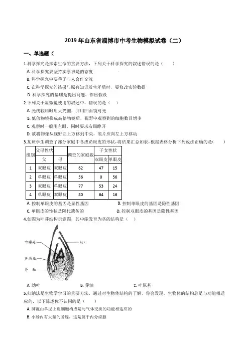 2019年山东省淄博市中考生物模拟试卷(二)
