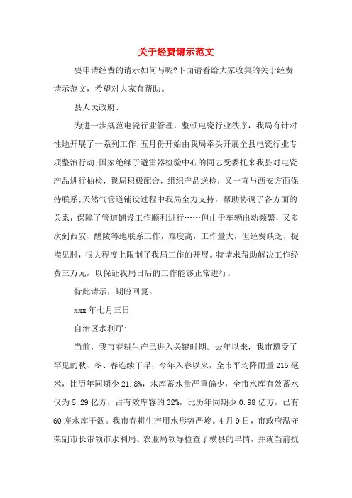 2020年关于经费请示范文