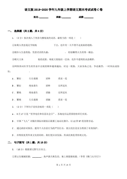 语文版2019-2020学年九年级上学期语文期末考试试卷C卷新版