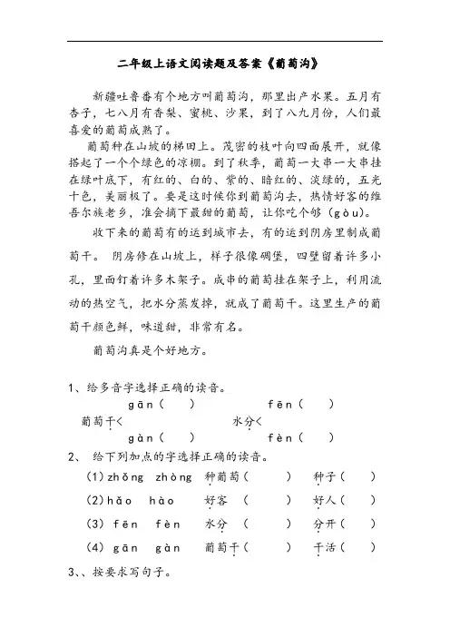 二年级上语文阅读题及答案《葡萄沟》