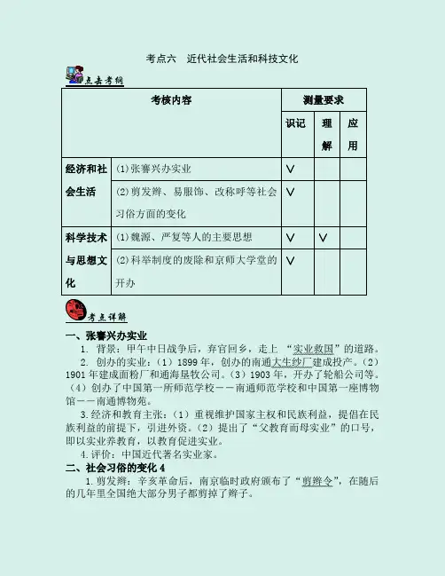 2020届九年级中考历史总复习精品讲义：中国近代史考点六 近代社会生活和科技文化