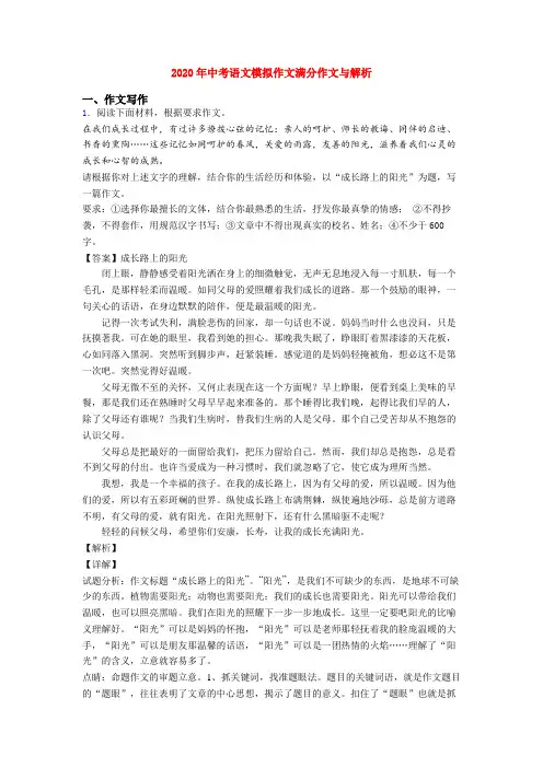 2020年中考语文模拟作文满分作文与解析