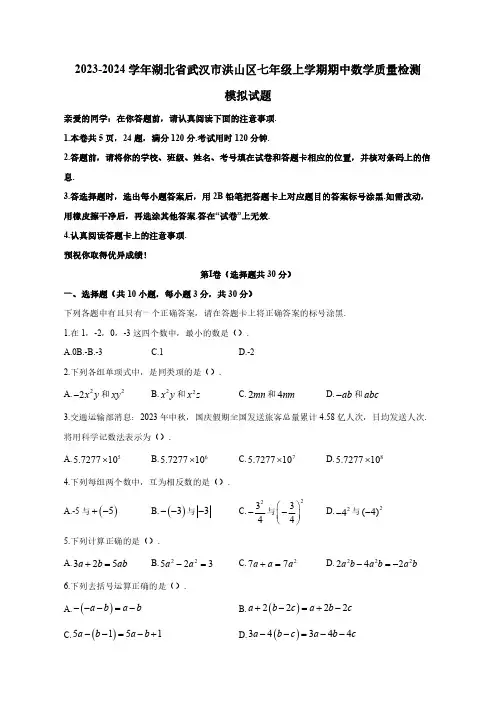 2023-2024学年湖北省武汉市洪山区七年级上学期期中数学质量检测模拟试题(含答案)