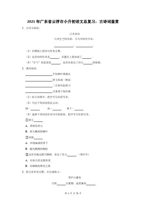 2021年广东省云浮市小升初语文总复习：古诗词鉴赏(附答案解析)