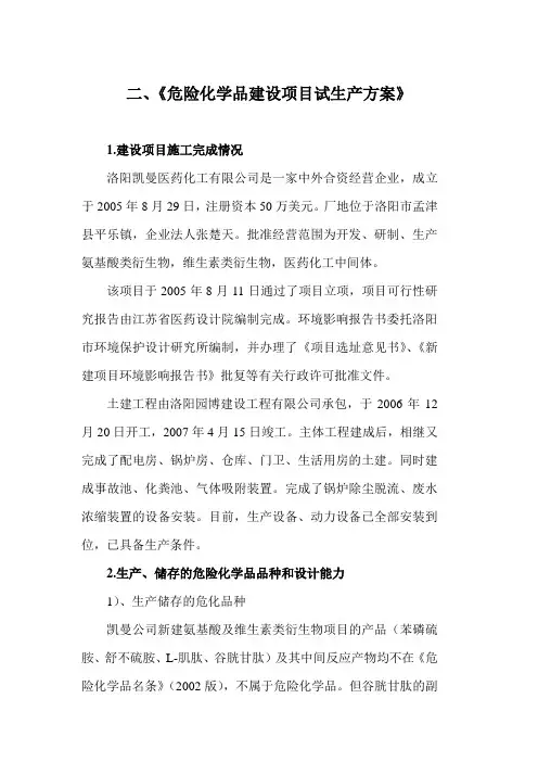 二危险化学品建设项目试生产方案
