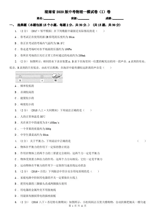 湖南省2020版中考物理一模试卷(I)卷(模拟)