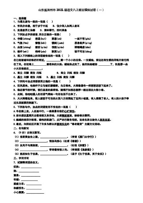 山东省滨州市2021届语文八上期末模拟试卷(一)