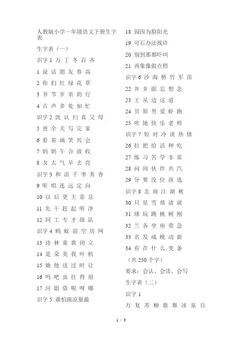 人教版小学一年级语文下册生字表