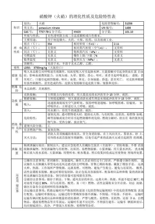 硝酸钾(火硝)的理化性质及危险特性表