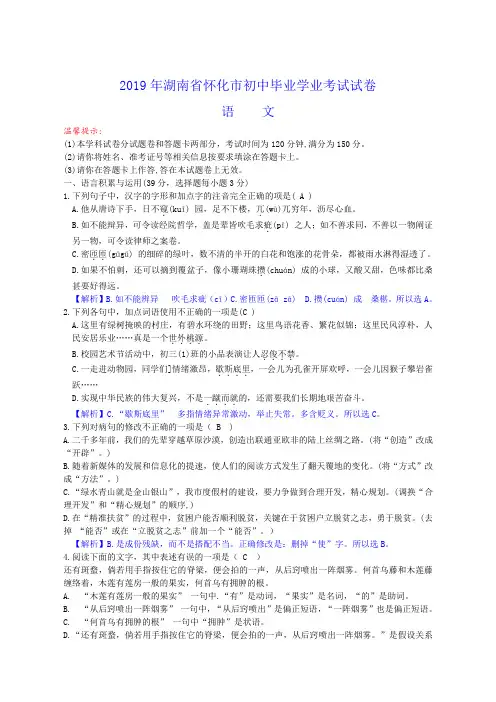 2019年湖南省怀化市中考语文试题( word版,含解析)