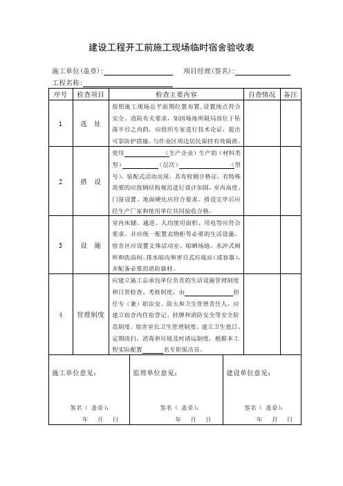 建设工程开工前施工现场临时宿舍验收表