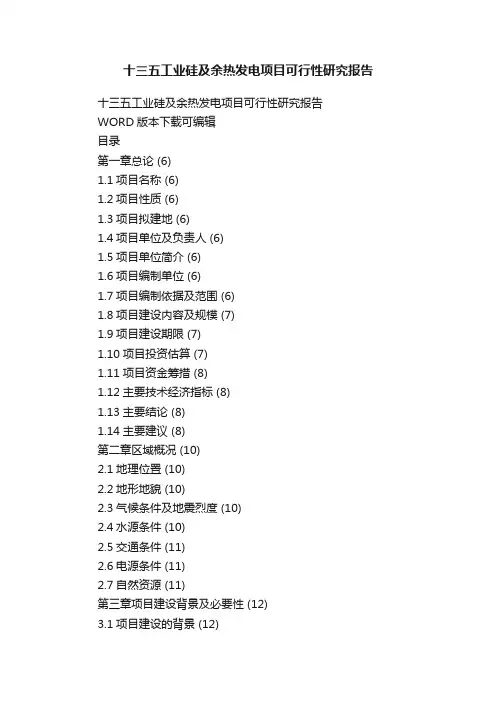 十三五工业硅及余热发电项目可行性研究报告