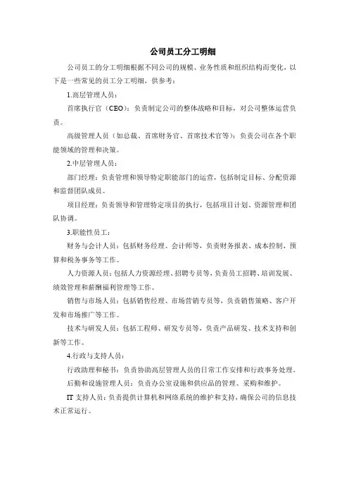 公司员工分工明细