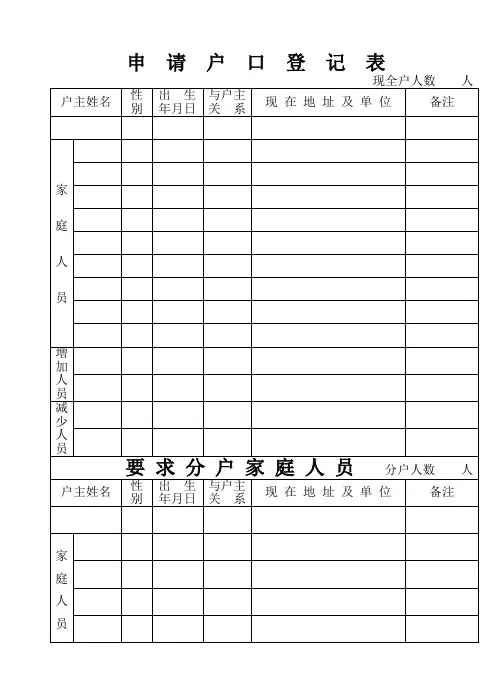 申请户口登记表(分户表)