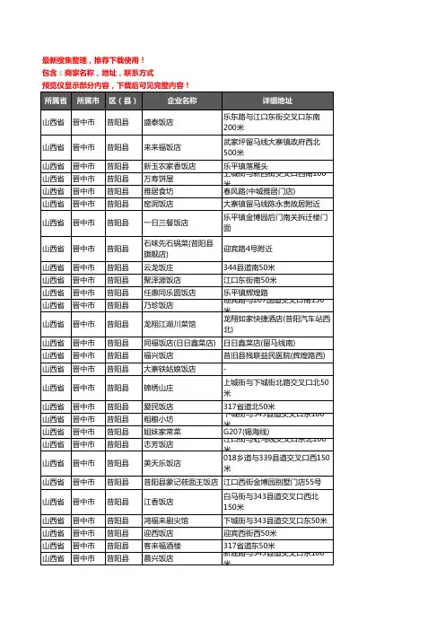 新版山西省晋中市昔阳县酒店餐饮企业公司商家户名录单联系方式地址大全74家